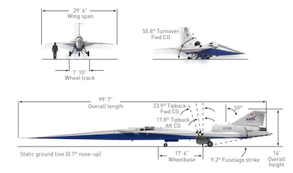 El avión X-59 mide 30 metros de largo por 9 de ancho, de ala a ala