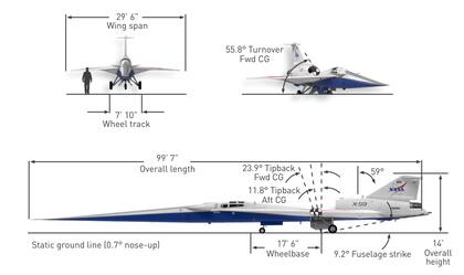El avión X-59 mide 30 metros de largo por 9 de ancho, de ala a ala
