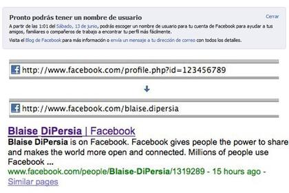 El aviso de advertencia de Facebook y diversas capturas de pantalla que explican el cambio en la dirección del perfil y la visualización desde los buscadores web