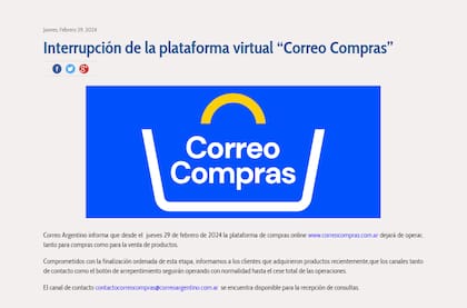 El aviso de cierre de Correo Compras anunció el fin de sus operaciones