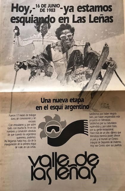 El aviso de Las Leñas, el día de su inauguración, el 16 de junio de 1983