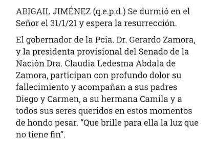 El aviso fúnebre en el diario El Liberal del gobernador y su esposa