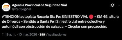 El aviso oficial de la Agencia Pronvincial de Seguridad Vial de Santa Fe.
