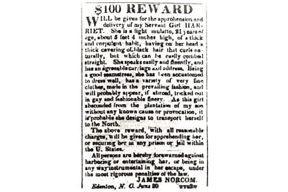 El aviso por la recompensa a cambio de Harriet que Norcom publicó