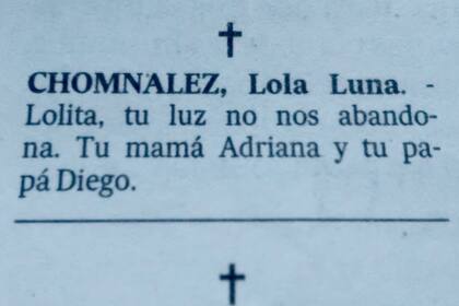 El aviso publicado por los papás de Lola en LA NACION