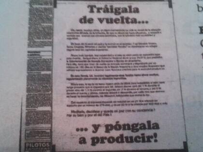 El aviso que el gobierno de Carlos Menem publicó en diarios para promocionar su blanqueo, en 1992.