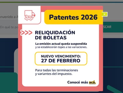 El aviso sobre las patentes que aparece al abrir el sitio de AGIP