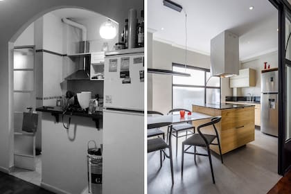 El bajo mesada y la isla, brindan suficiente espacio de guardado en una cocina que no tiene uso intensivo. Alacena, mesa, muebles de cocina e isla enchapados en kiri (Contuco Cocinas). Mesadas de cuarcita ‘Vía Láctea’ (Eurostone).