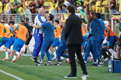 El banco de Brasil festeja el gol de Raphinha, mientras Lorenzo, de espalda, mira impotente