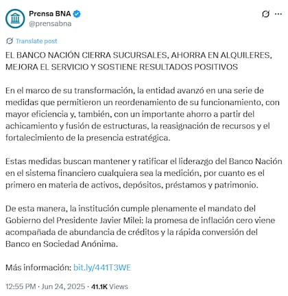 El Banco Nación anunció el cierre de 60 sucursales