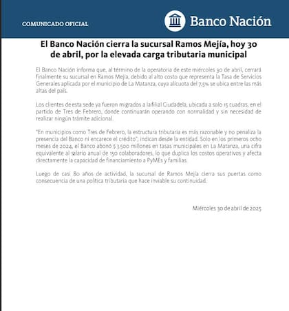 El Banco Nación cierra hoy la sucursal Ramos Mejía por “la elevada carga tributaria municipal”