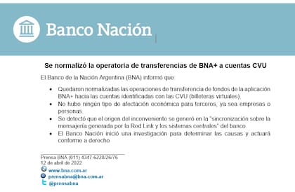 El Banco Nación comunicó que resolvió el problema