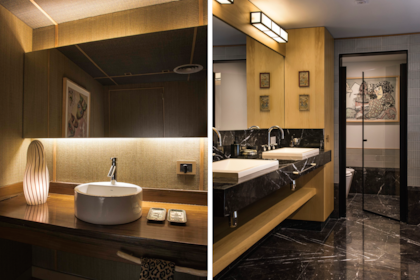 El baño con faroles diseñados por Rosa y un cuadro de Luis Benedit.