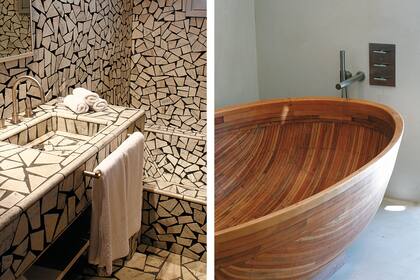 El baño de la suite Cardozo, con revestimiento de trozos de mármol recortados. Al lado, la bañadera de la Master Suite Daglio, realizada en madera de haya por artesanos uruguayos que se dedican a fabricar canoas, con diseño y supervisión del Arquitecto Daglio.