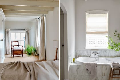 El baño en suite fue una incorporación de los propietarios anteriores. Revestido con mosaicos de mármol italiano y en armonía con el estilo de toda la casa, la pareja no vio ninguna razón para una reforma.