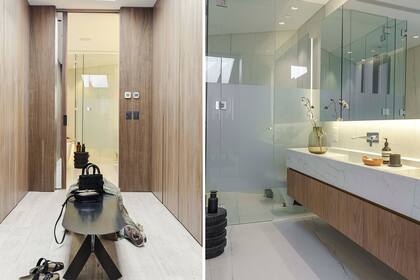 El baño en suite y el vestidor mantienen la impronta: líneas simples, materiales clásicos y contundentes.  Debajo de la lucarna que ilumina el vestidor, banco ‘Iron’ y throw de lino rústico paquistaní (Estudio Pet).