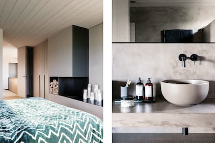 El baño sigue la misma línea estética del resto de la casa con revestimiento y mesada en microcemento color visón, y grifería negra ‘Ottavo’ (Quadro Design).