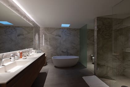 El baño tiene paredes de mármol.