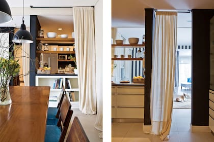 El barral de hierro engama con el tono que predomina en las paredes y se asocia a las lámparas galponeras. En él se colocaron cortinas fácilmente desmontables y en tussor lavable.