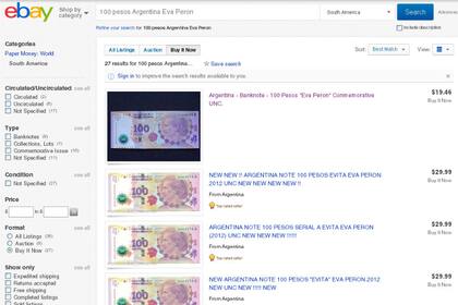 El billete de 100 pesos con la imagen de Evita se consigue en eBay como objeto coleccionable