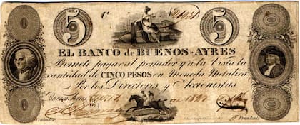 El billete de 5 Pesos Moneda Corriente de 1827, con los retratos de Benjamín Franklin (izquierda), William Penn (derecha)