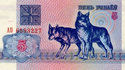 El billete de 5 rublos bielorrusos, con dos lobos