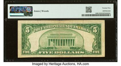 El billete de cinco dólares que se subastará en Heritage es casi sólido