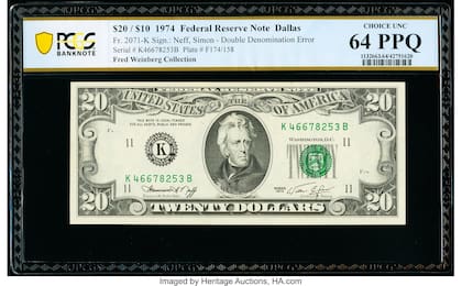 El billete de US$20 de 1974 que se vendió por más de 55.000 dólares