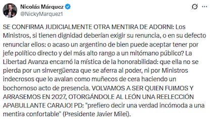 El biógrafo de Javier Milei, Nicolás Márquez, sostuvo que los ministros deberían exigir la renuncia de Manuel Adorni