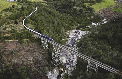 El Blue Train, el tren más lujoso de Sudáfrica sobre un puente en la Garden route.