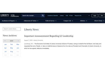 El breve comunicado difundido por la Liberty University para explicar la remoción de Falwell (h) como su máxima autoridad