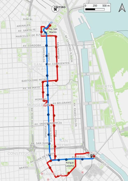 El bus conectará en una primera etapa Parque Lezama con San Martín, en Retiro