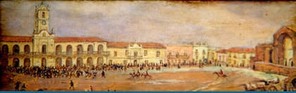 El Cabildo en 1810, visto desde la Plaza de la Victoria.