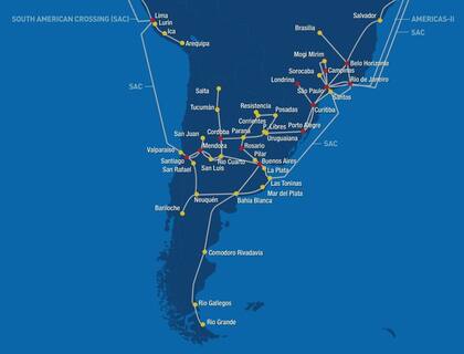 El cableado submarino y terrestre de Level 3 en América latina; la Argentina es el último eslabón y se conecta por Las Toninas y por Valparaíso, en Chile