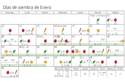 El calendario biodinámico de enero 2021 de la Asociación para la Agricultura Biológico Dinámica en Argentina (A.A.B.D.A.).