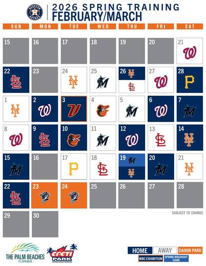 El calendario de Spring Training de Houston Astros indicó que jugarán contra Venezuela el 3 de marzo de 2026 (MLB)