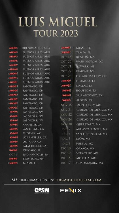 El calendario del Luis Miguel Tour 2023, con un alto porcentaje de shows agotados