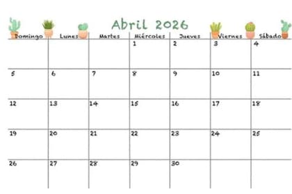 El calendario impreso de abril ofrece espacio para anotaciones breves