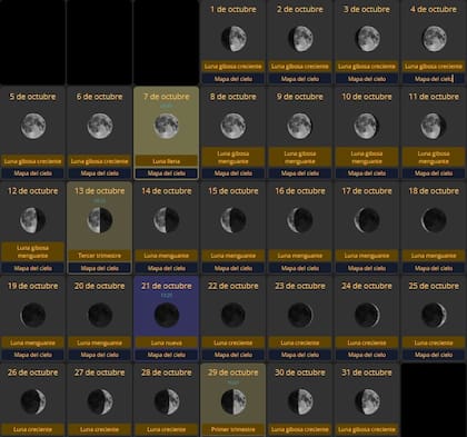 El calendario lunar de octubre establece que habrá Luna llena el 7 de ese mes (Fasesdelaluna/TheSkyLive)