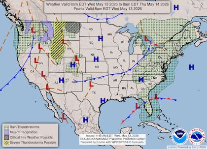 El calentamiento diurno y el avance frontal generan un riesgo marginal de tormentas en Nueva York, Pensilvania y Virginia Occidental para la tarde de hoy