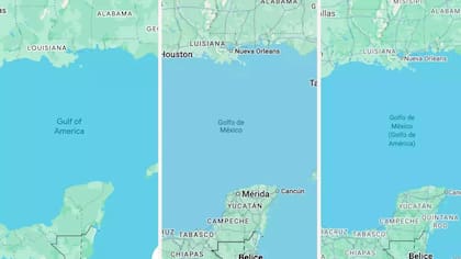El cambio en Google Maps del nombre del Golfo de México, según el país: a la izquierda, EE.UU.; México, al centro; el resto de los países, a la derecha