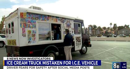 El camión de helados de Las Vegas que quedó asociado a un supuesto operativo de ICE (captura de video de 8 News Now)
