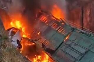 Un camión que transportaba autos 0km cayó de un puente y se incendió