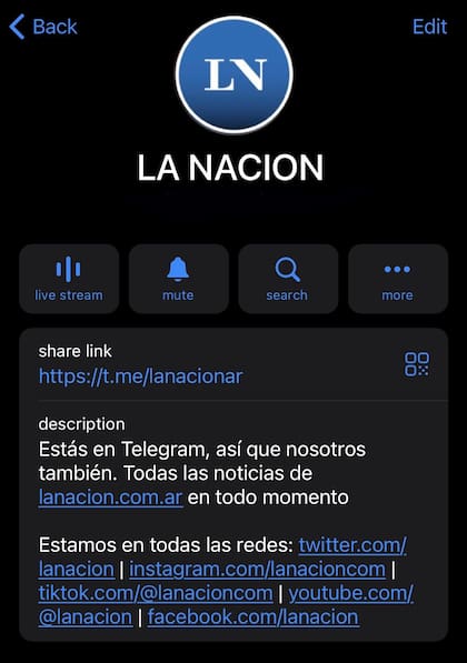 El canal público de LA NACION en Telegram