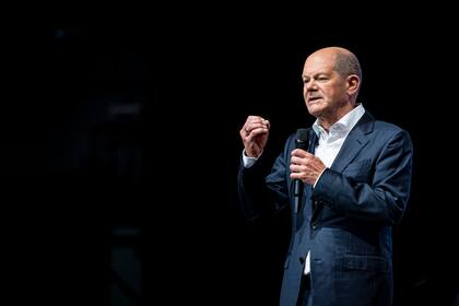 El canciller alemán Olaf Scholz habla durante un evento el sábado 21 de mayo de 2022, en Hildesheim, Alemania. (Moritz Frankenberg/dpa vía AP)