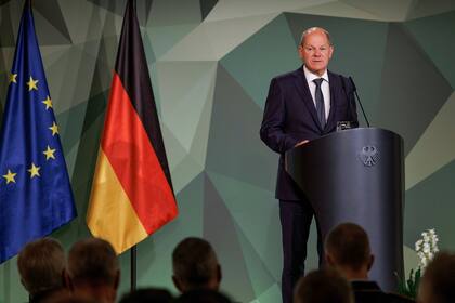 El canciller alemán, Olaf Scholz, habla en la Conferencia Bundeswehr 2022 en Berlín, el viernes 16 de septiembre de 2022. (Carsten Koall/dpa via AP)(Carsten Koall/dpa via AP)