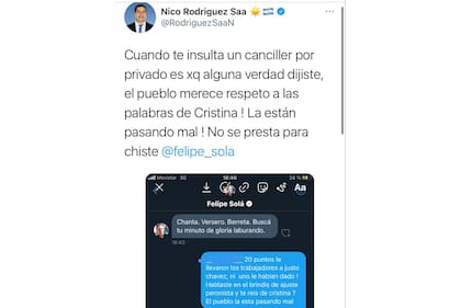 El canciller Felipe Solá cruzó a un diputado kirchnerista que pidió su renuncia: "Chanta, versero y berreta"