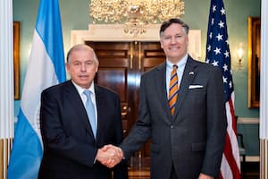 El canciller Gerardo Werthein junto al subsecretario de Estado norteamericano, Christopher Landau, en Washington.