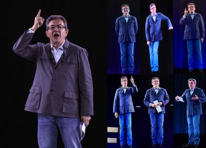 El candidato de la izquierda radical, Jean-Luc Melenchón, se proyectó en un holograma y dio un discurso en siete ciudades en simultáneo