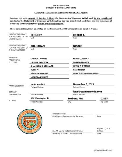 El candidato independientre RFK Jr. bajó su candidatura en las elecciones del estado de Arizona